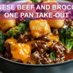 CHINESE BEEF AND BROCCOLI ONE PAN TAKE-OUT hearty ground beef broccoli melted cheddar crispy tater tots