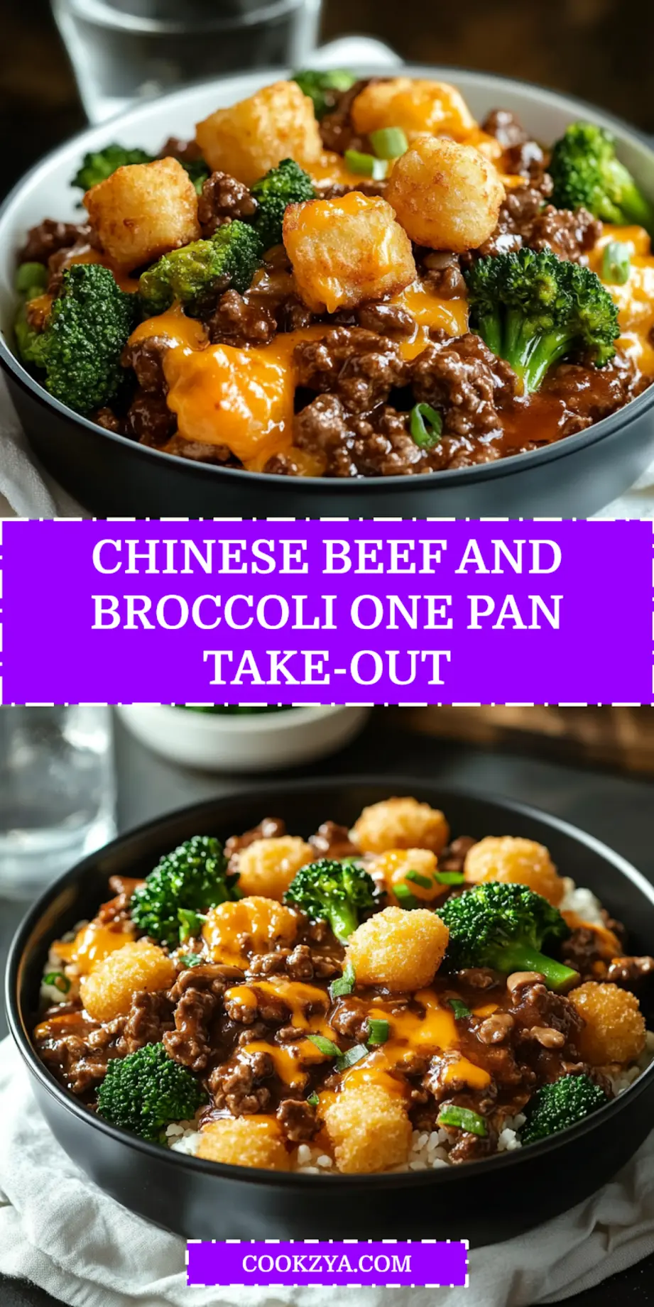Chinese Beef and Broccoli One Pan Take-Out: Easy Delicious Recipe 6 CHINESE BEEF AND BROCCOLI ONE PAN TAKE-OUT hearty ground beef broccoli melted cheddar crispy tater tots_pin