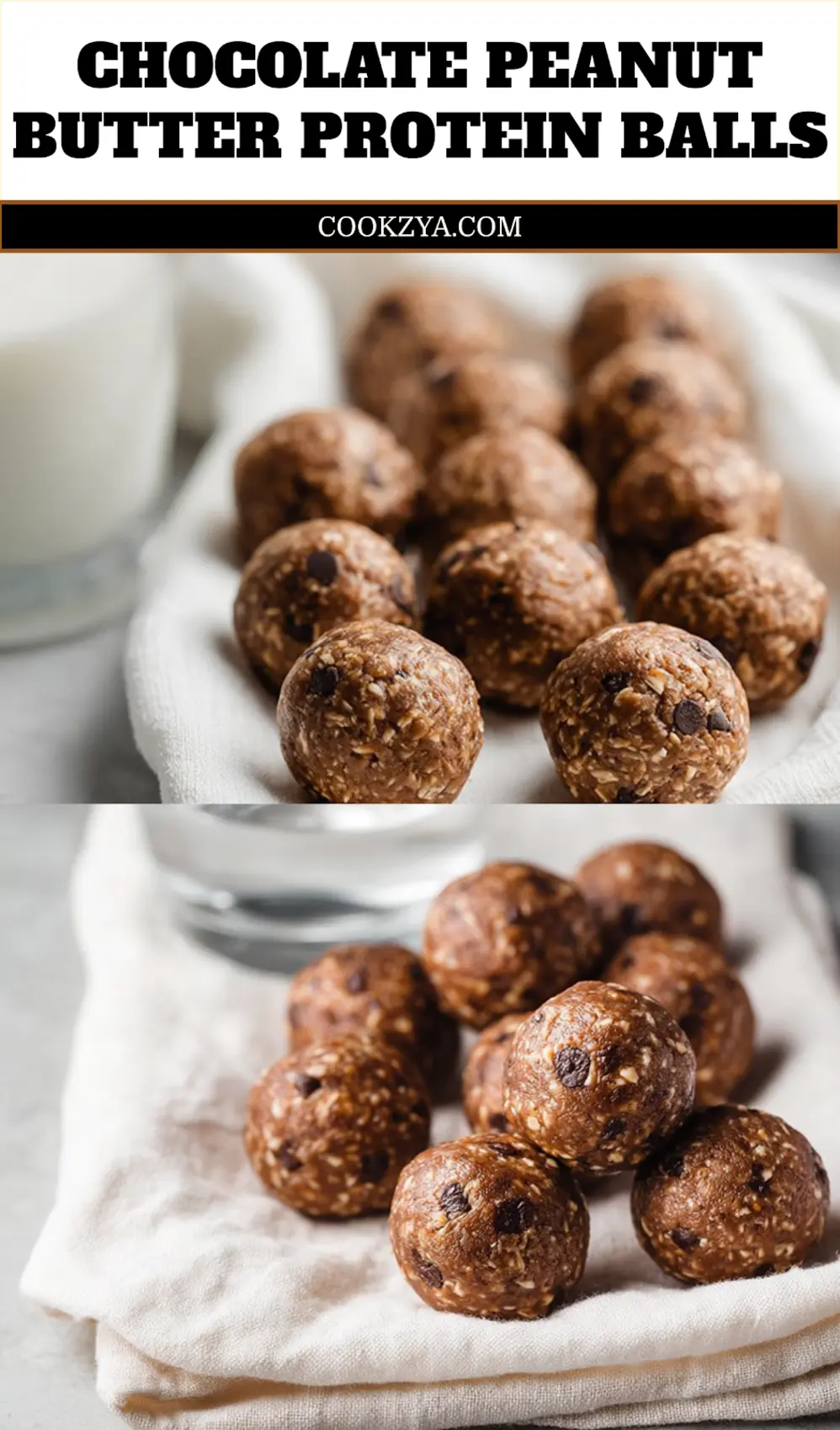 Chocolate Peanut Butter Protein Balls: Easy Delicious Recipes 6 CHOCOLATE PEANUT BUTTER PROTEIN BALLS on white napkin with glass of water warm natural light_pin