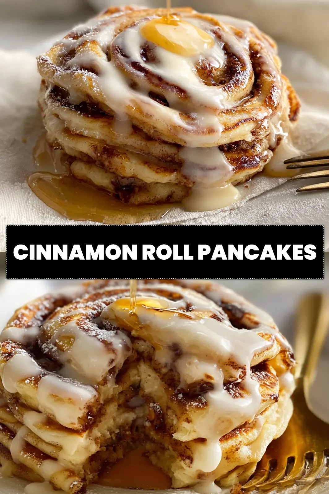 Cinnamon Roll Pancakes: Delicious Easy Recipe to Love 6 CINNAMON ROLL PANCAKES stacked with maple syrup and delicate white cheese glaze on white cloth_pin
