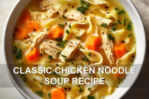 CLASSIC CHICKEN NOODLE SOUP RECIPE centered hero view, clean and uncluttered