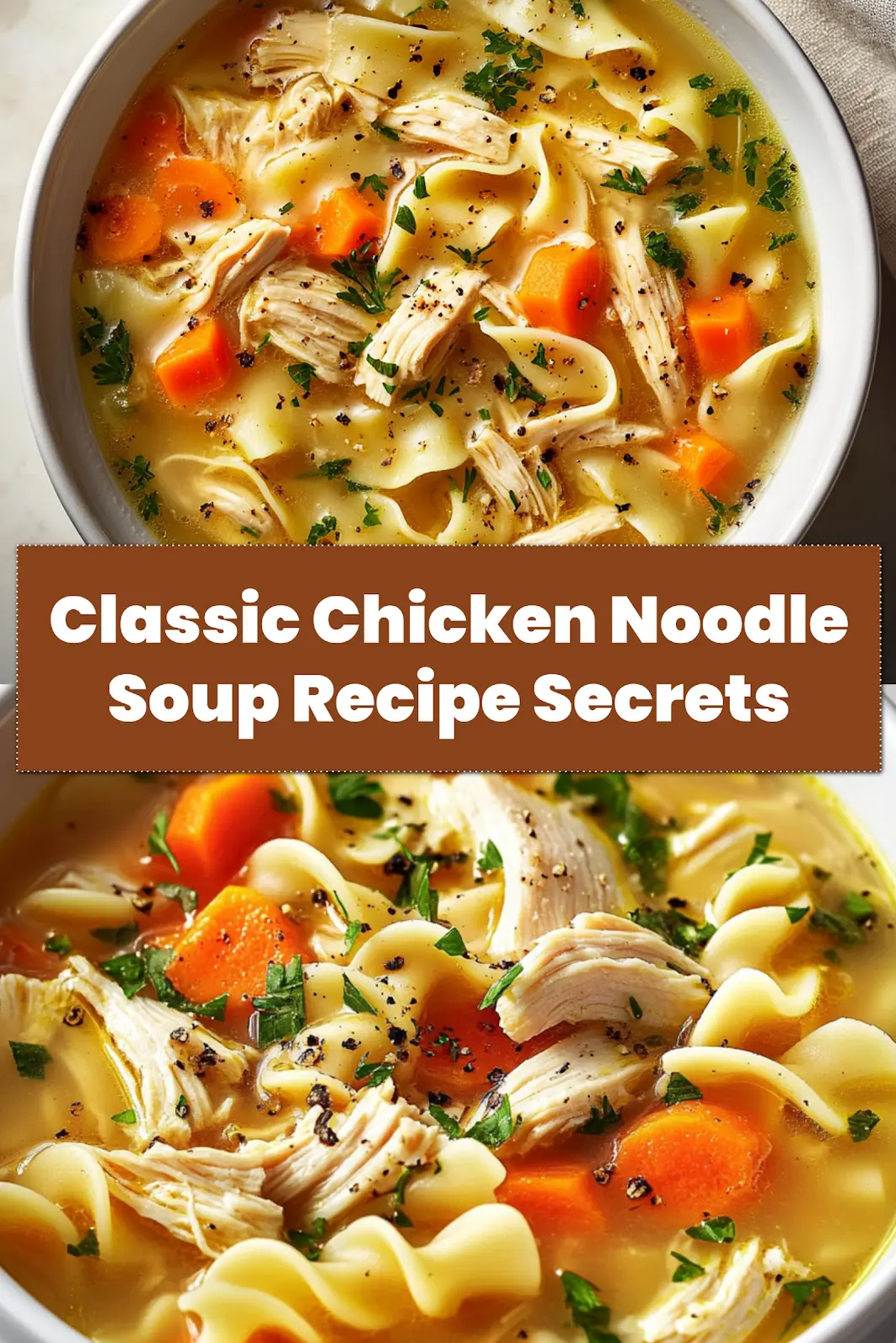 CLASSIC CHICKEN NOODLE SOUP RECIPE centered hero view, clean and uncluttered_pin