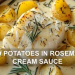 COD POTATOES IN ROSEMARY CREAM SAUCE centered hero view, clean and uncluttered