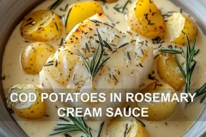 COD POTATOES IN ROSEMARY CREAM SAUCE centered hero view, clean and uncluttered