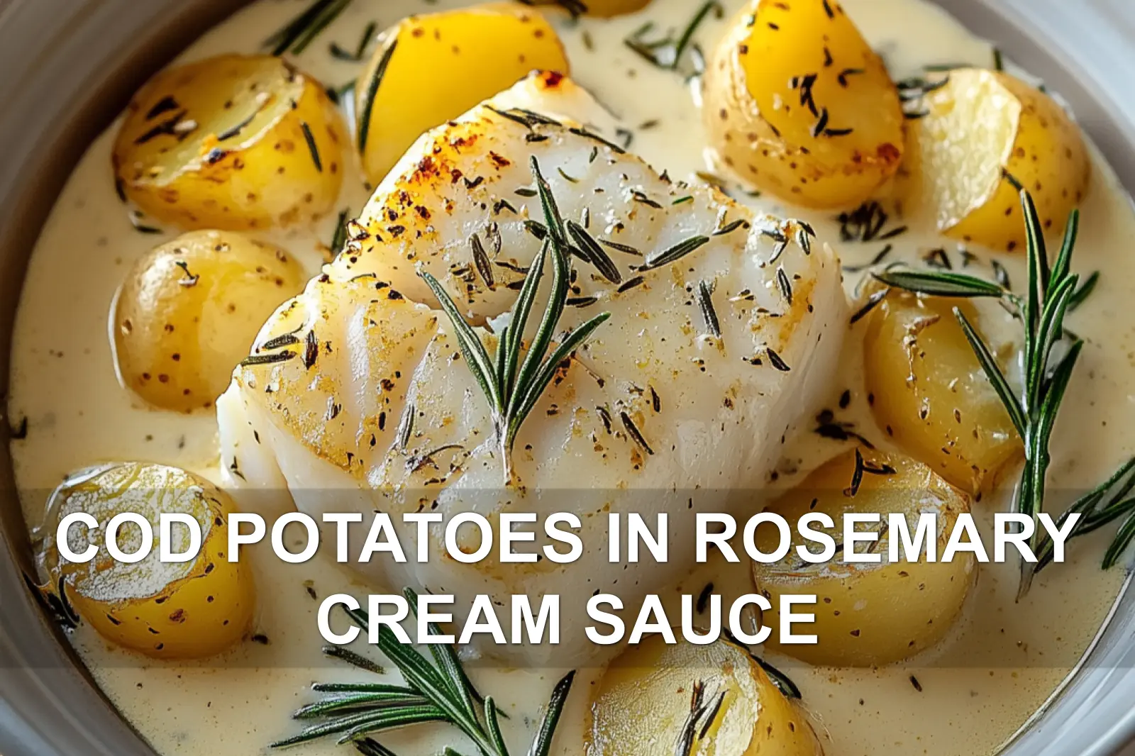 COD POTATOES IN ROSEMARY CREAM SAUCE centered hero view, clean and uncluttered