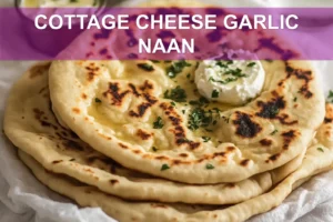 COTTAGE CHEESE GARLIC NAAN warm golden flatbreads on white napkin with a clear glass of water