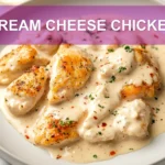 CREAM CHEESE CHICKEN plated with delicate white cheese garlic and fresh herbs in warm natural light close up