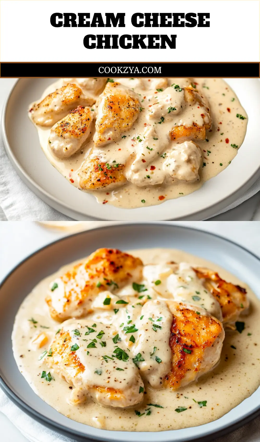 Cream Cheese Chicken: Irresistible Easy Recipe 6 CREAM CHEESE CHICKEN plated with delicate white cheese garlic and fresh herbs in warm natural light close up_pin