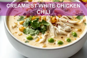 Creamiest White Chicken Chili: Ultimate Comfort Recipe CREAMIEST WHITE CHICKEN CHILI centered hero view, clean and uncluttered