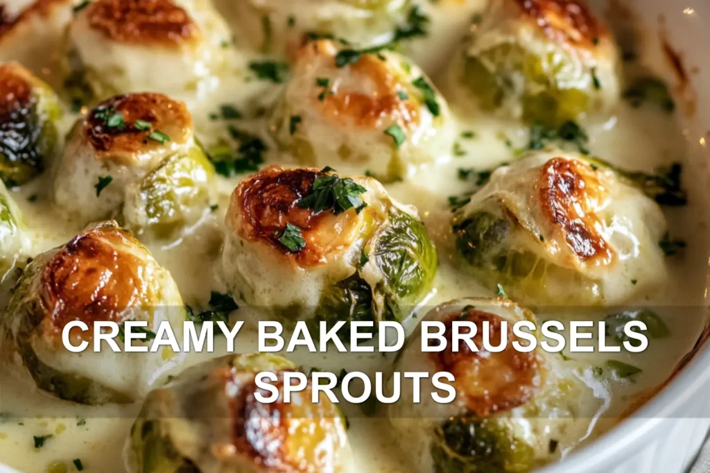 CREAMY BAKED BRUSSELS SPROUTS centered hero view, clean and uncluttered