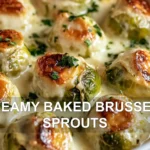CREAMY BAKED BRUSSELS SPROUTS centered hero view, clean and uncluttered
