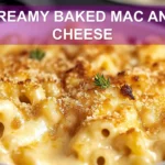 CREAMY BAKED MAC AND CHEESE centered hero view, clean and uncluttered
