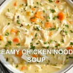 CREAMY CHICKEN NOODLE SOUP centered hero view, clean and uncluttered