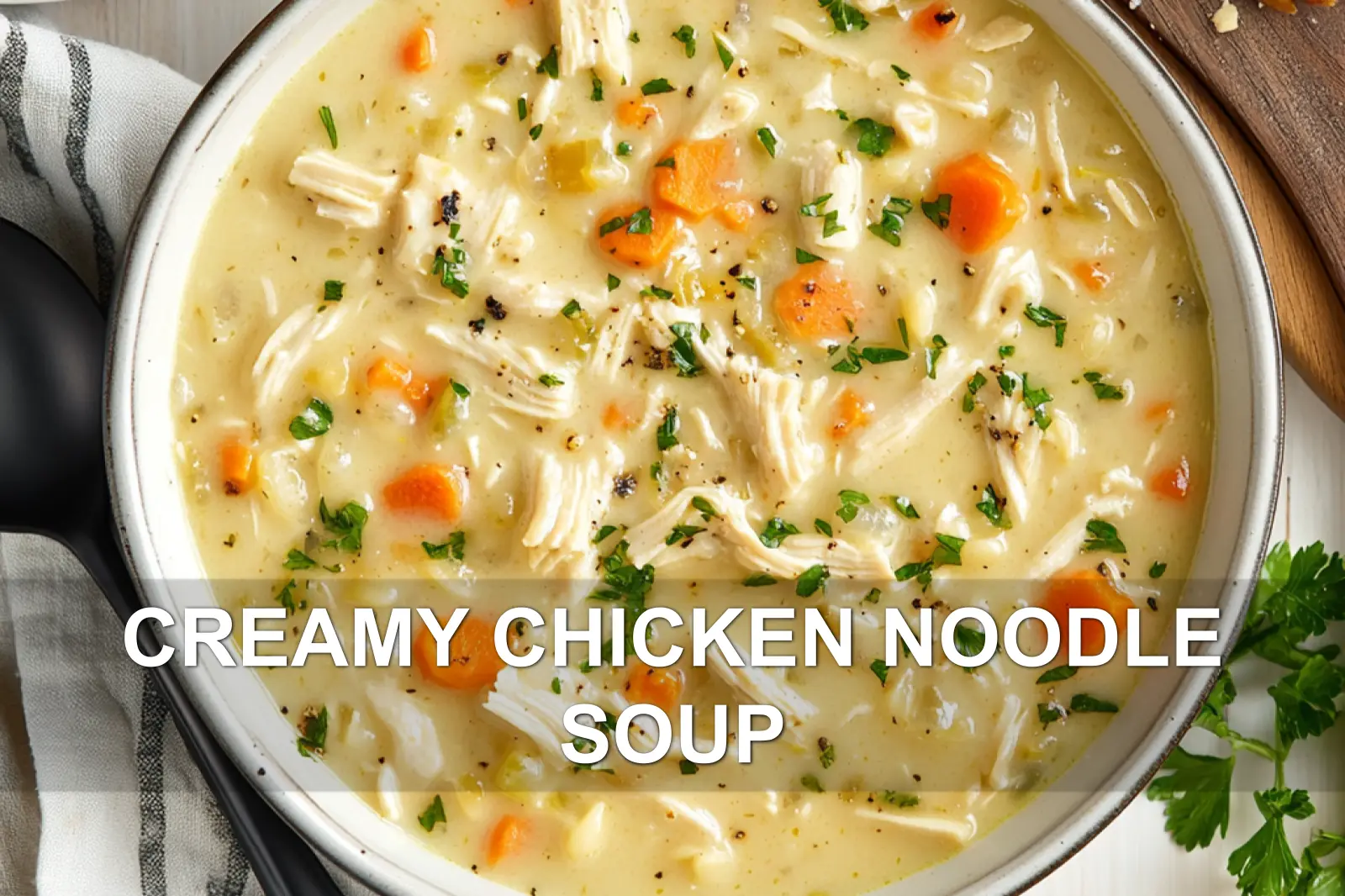 CREAMY CHICKEN NOODLE SOUP centered hero view, clean and uncluttered