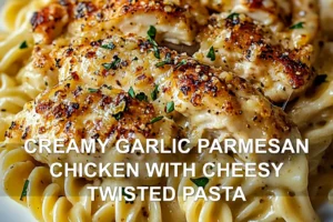 CREAMY GARLIC PARMESAN CHICKEN WITH CHEESY TWISTED PASTA centered hero view, clean and uncluttered