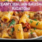 CREAMY ITALIAN SAUSAGE RIGATONI plated with creamy white sauce basil oregano and grated cheese