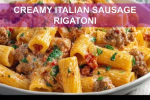 Creamy Italian Sausage Rigatoni: Easy Delicious Recipe CREAMY ITALIAN SAUSAGE RIGATONI plated with creamy white sauce basil oregano and grated cheese