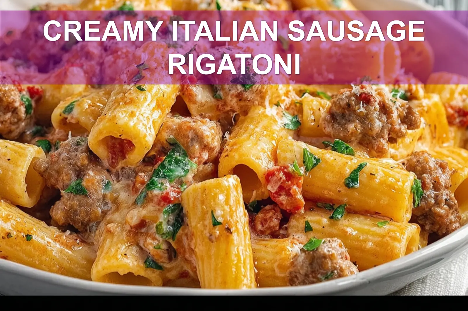 CREAMY ITALIAN SAUSAGE RIGATONI plated with creamy white sauce basil oregano and grated cheese