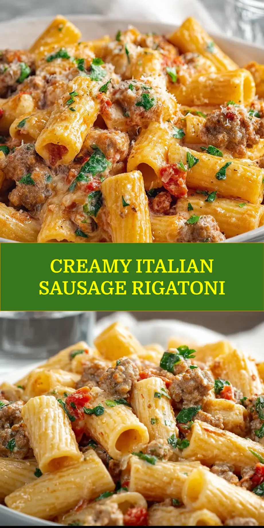 Creamy Italian Sausage Rigatoni: Easy Delicious Recipe 6 CREAMY ITALIAN SAUSAGE RIGATONI plated with creamy white sauce basil oregano and grated cheese_pin