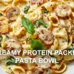 CREAMY PROTEIN PACKED PASTA BOWL centered hero view, clean and uncluttered