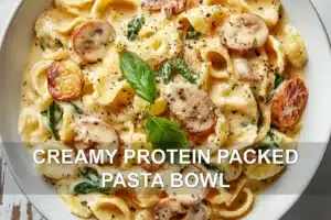 CREAMY PROTEIN PACKED PASTA BOWL centered hero view, clean and uncluttered