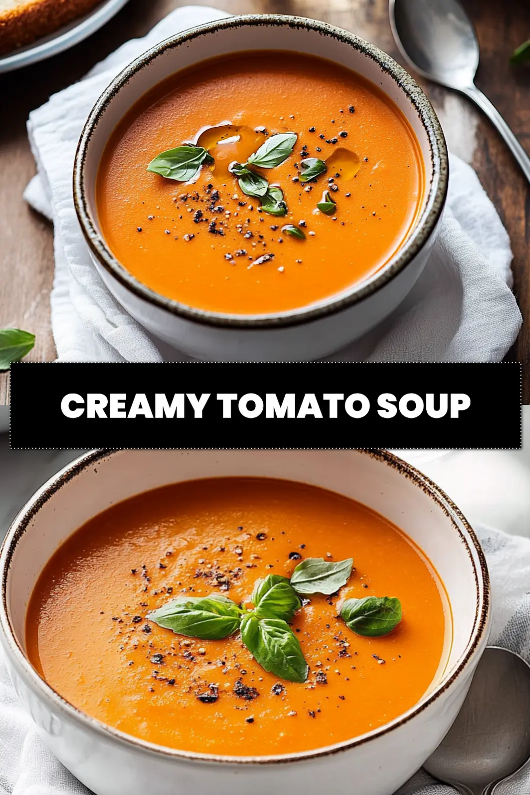 Creamy Tomato Soup: Simple and Delicious Recipe 6 CREAMY TOMATO SOUP in a creamy bowl with basil garnish warm inviting main blog image_pin