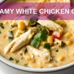 CREAMY WHITE CHICKEN CHILI centered hero view, clean and uncluttered