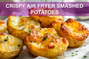 Crispy Air Fryer Smashed Potatoes: Simple Mouthwatering Recipe CRISPY AIR FRYER SMASHED POTATOES on white napkin with herbs and golden crisp edges