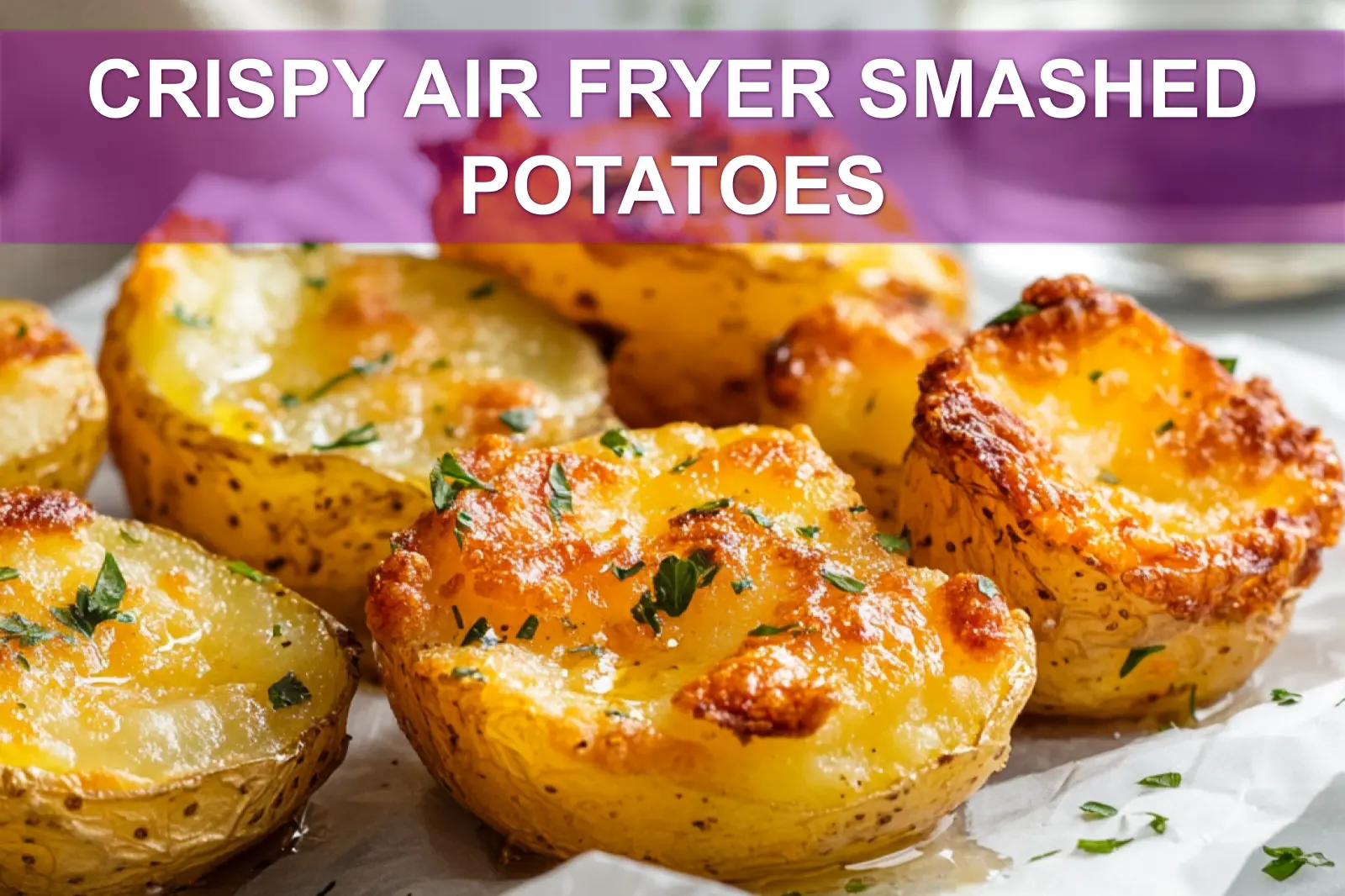 CRISPY AIR FRYER SMASHED POTATOES on white napkin with herbs and golden crisp edges