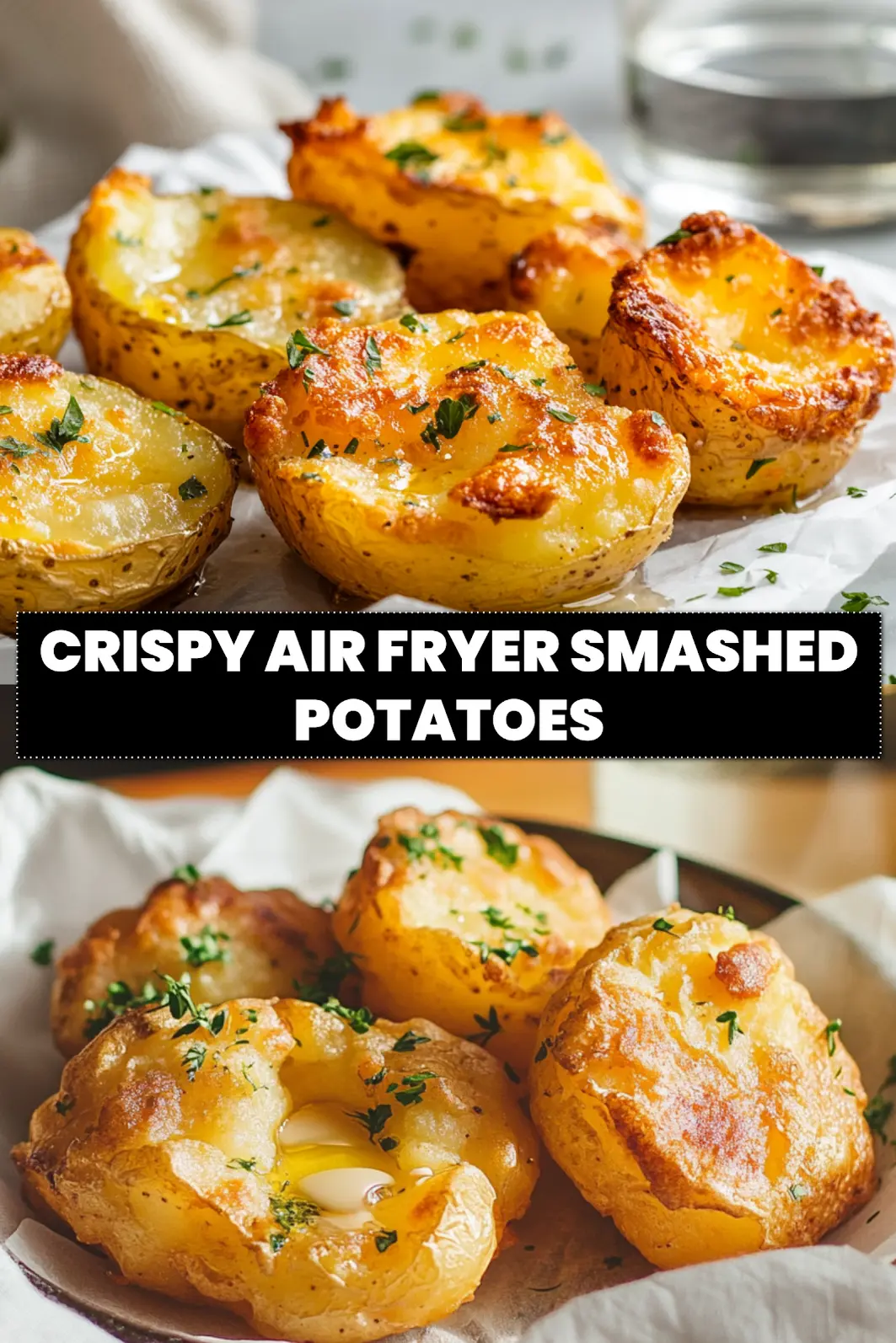 Crispy Air Fryer Smashed Potatoes: Simple Mouthwatering Recipe 6 CRISPY AIR FRYER SMASHED POTATOES on white napkin with herbs and golden crisp edges_pin