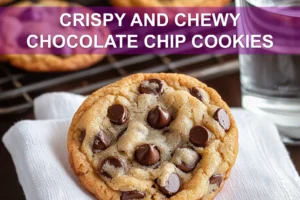 CRISPY AND CHEWY CHOCOLATE CHIP COOKIES hero image warm 3/4 view on white napkin