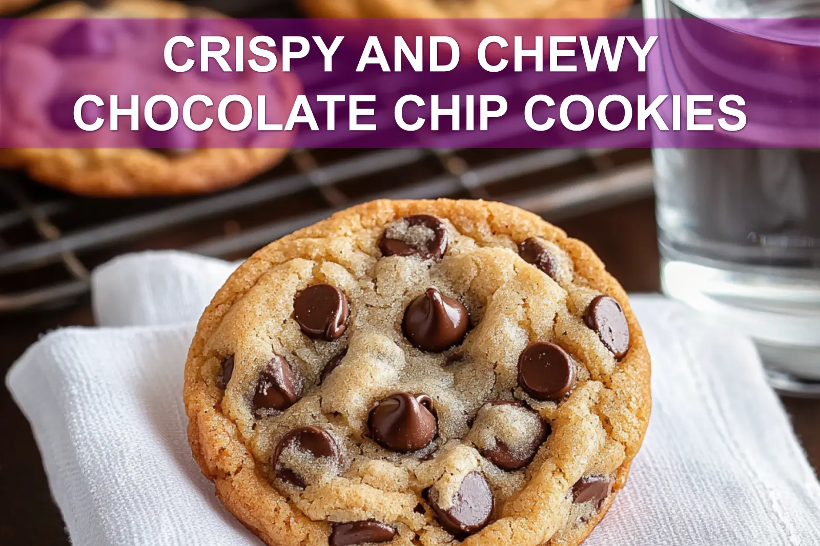 CRISPY AND CHEWY CHOCOLATE CHIP COOKIES hero image warm 3/4 view on white napkin