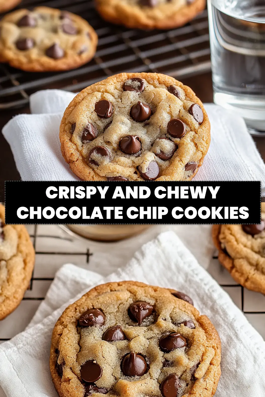Crispy and Chewy Chocolate Chip Cookies: Irresistible Recipe 6 CRISPY AND CHEWY CHOCOLATE CHIP COOKIES hero image warm 3/4 view on white napkin_pin