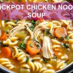 CROCKPOT CHICKEN NOODLE SOUP centered hero view, clean and uncluttered
