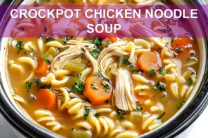 CROCKPOT CHICKEN NOODLE SOUP centered hero view, clean and uncluttered
