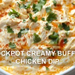 CROCKPOT CREAMY BUFFALO CHICKEN DIP centered hero view, clean and uncluttered