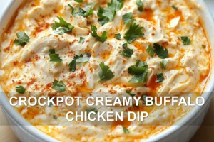 Crockpot Creamy Buffalo Chicken Dip Recipe That Is Irresistible CROCKPOT CREAMY BUFFALO CHICKEN DIP centered hero view, clean and uncluttered