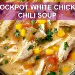 CROCKPOT WHITE CHICKEN CHILI SOUP centered hero view, clean and uncluttered