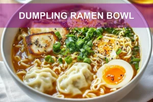 Dumpling Ramen Bowl: Easy Delicious Recipe to Love DUMPLING RAMEN BOWL with dumplings ramen eggs spinach green onions black sesame seeds
