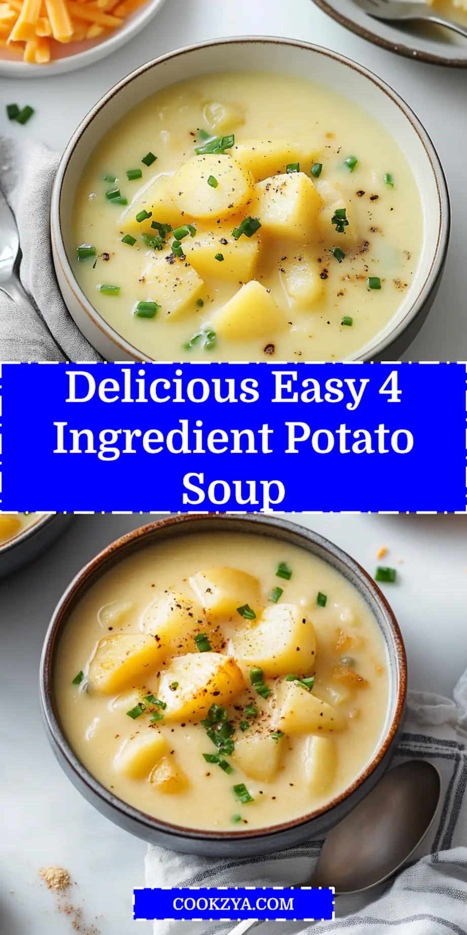 Easy 4 Ingredient Potato Soup Recipe to Enjoy Today 6 EASY 4 INGREDIENT POTATO SOUP RECIPE centered hero view, clean and uncluttered_pin