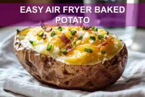 EASY AIR FRYER BAKED POTATO golden cheese sour creamy sauce chives bacon bits close up