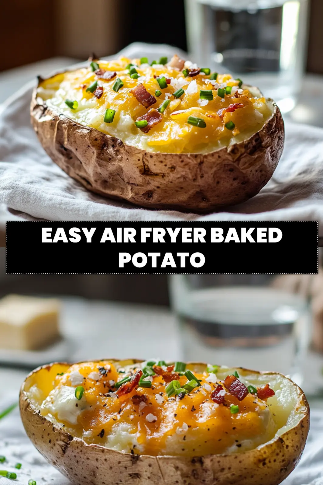 EASY AIR FRYER BAKED POTATO with melted butter chives cheese and bacon on white napkin_pin