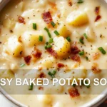 EASY BAKED POTATO SOUP centered hero view, clean and uncluttered