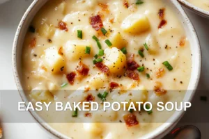 Easy Baked Potato Soup: Delicious Quick Recipe EASY BAKED POTATO SOUP centered hero view, clean and uncluttered