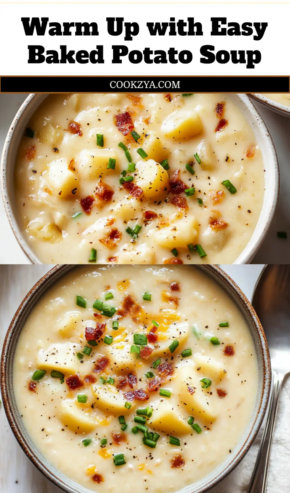Easy Baked Potato Soup: Delicious Quick Recipe 6 EASY BAKED POTATO SOUP centered hero view, clean and uncluttered_pin