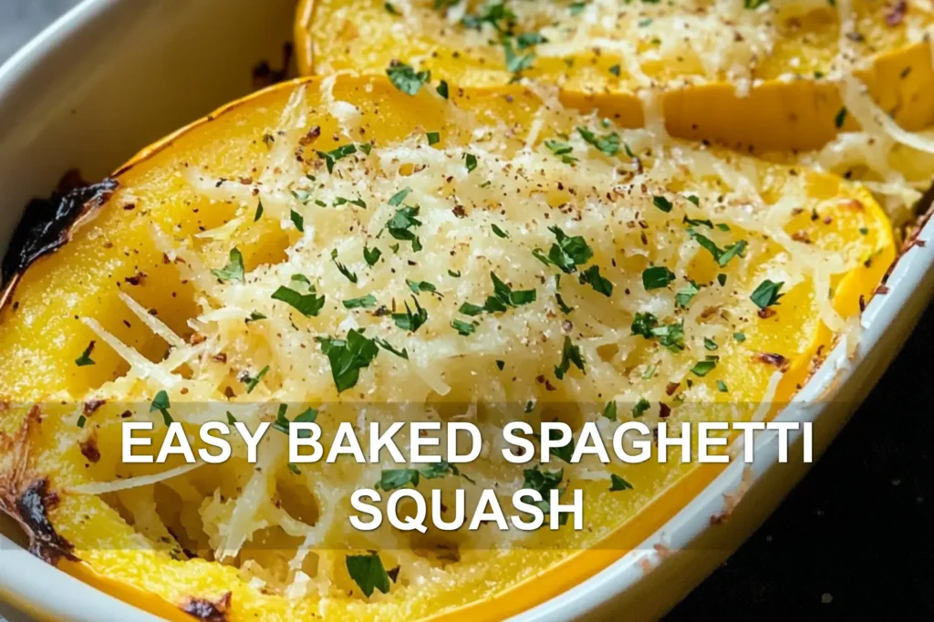 EASY BAKED SPAGHETTI SQUASH centered hero view, clean and uncluttered