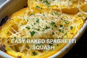 EASY BAKED SPAGHETTI SQUASH centered hero view, clean and uncluttered
