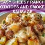 EASY CHEESY RANCH POTATOES AND SMOKED SAUSAGE in warm close up with herbs and melted cheese