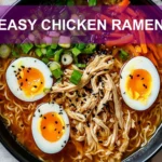EASY CHICKEN RAMEN cozy bowl with shredded chicken halved eggs spring onions sesame