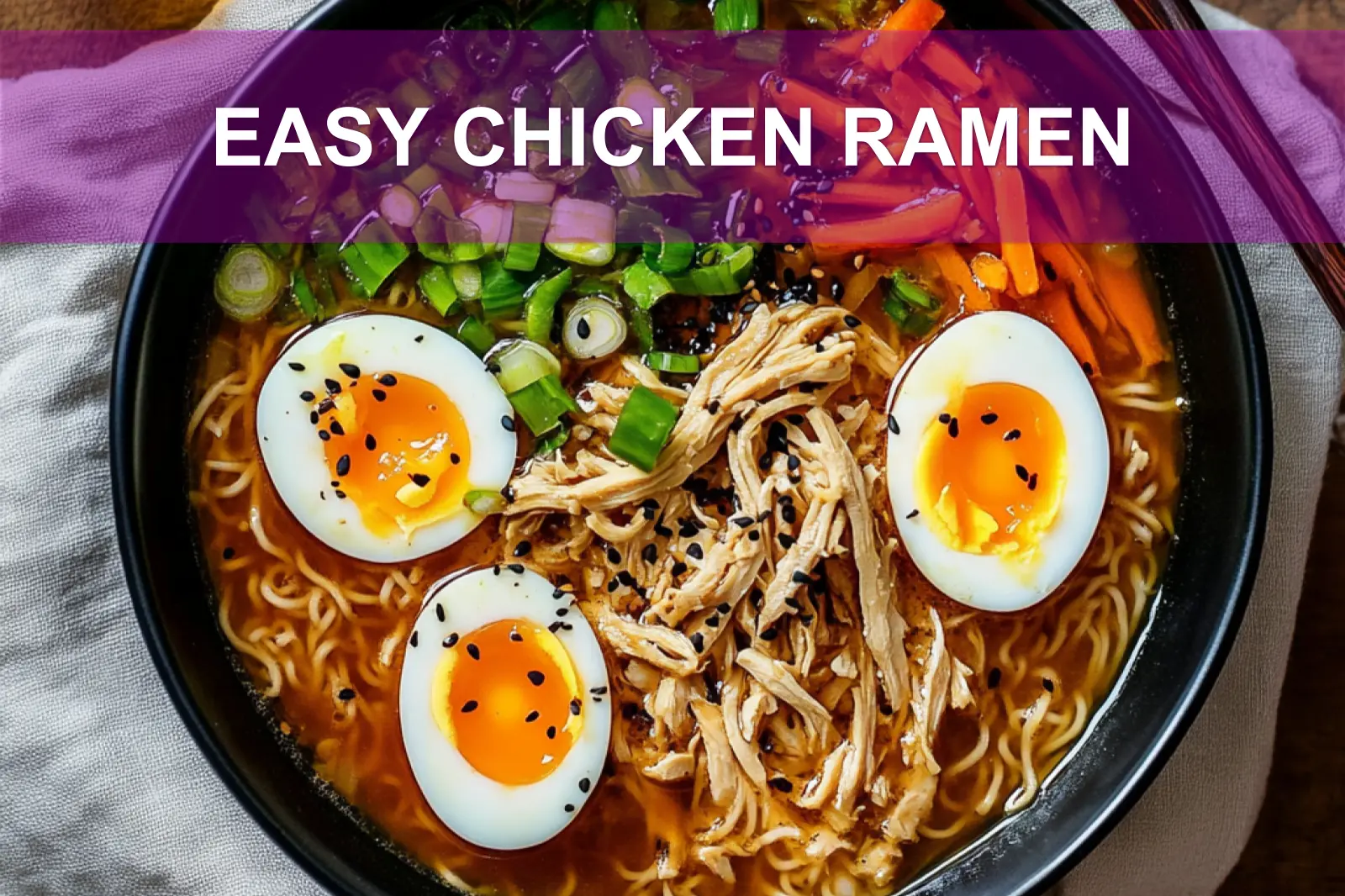 EASY CHICKEN RAMEN cozy bowl with shredded chicken halved eggs spring onions sesame